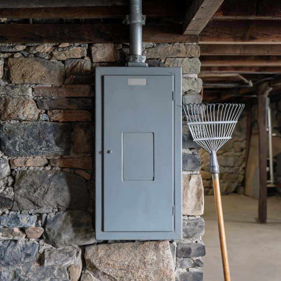A gray metal electrical panel box mounted on a stone basement wall with a conduit running up to wooden ceiling joists, and a metal leaf rake with a wooden handle leaning nearby.