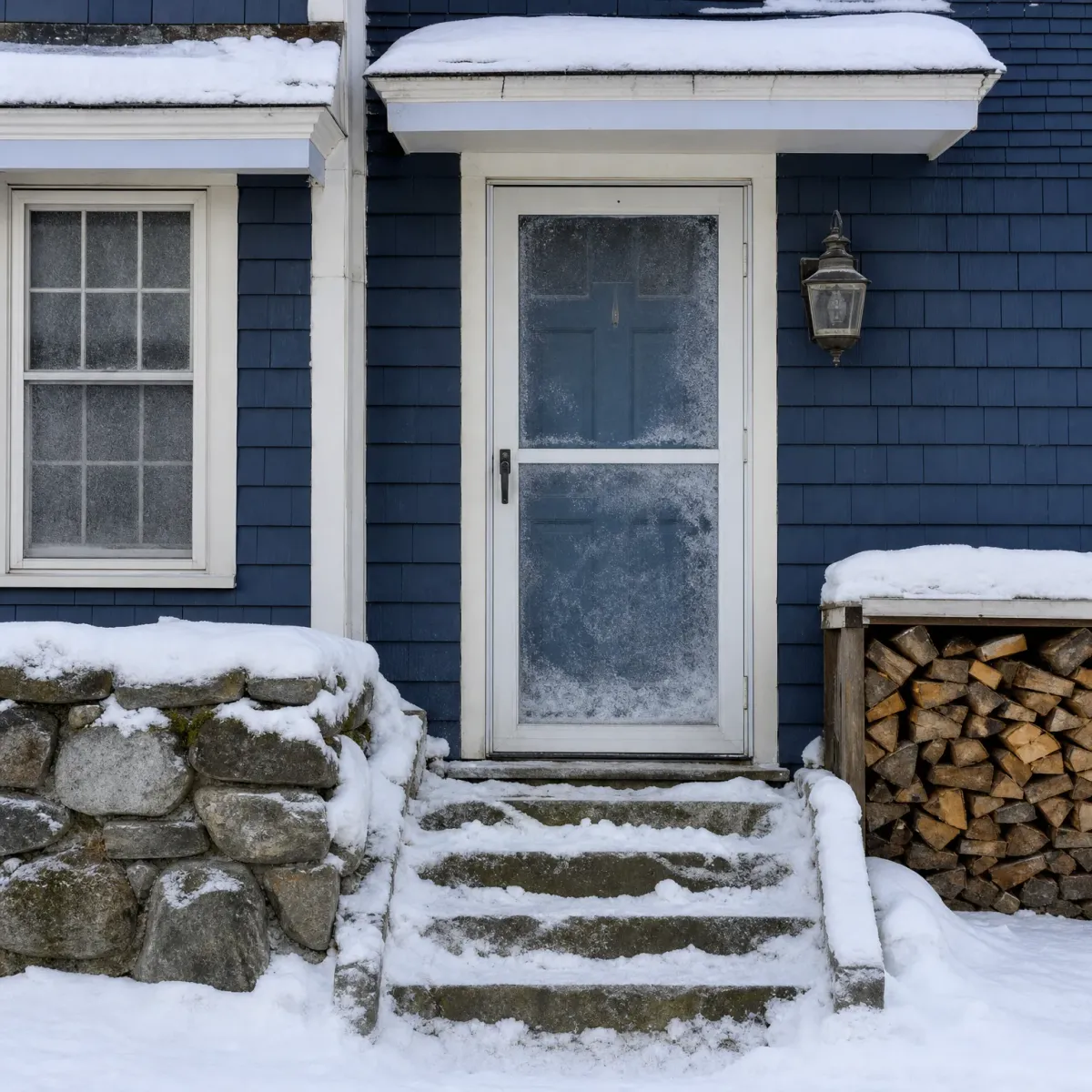 Snow-covered stone steps lead to a white storm door on a navy blue shingled house, with a stone retaining wall at left and a stacked firewood rack at right.