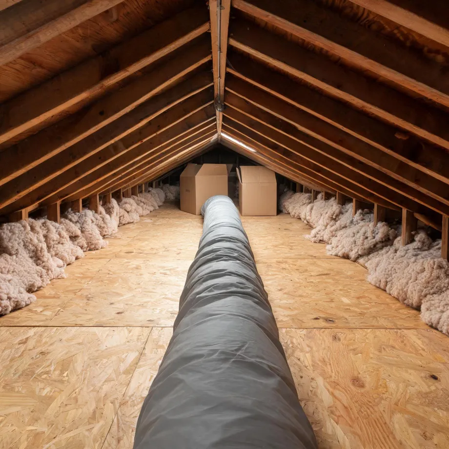 Interior of an attic with exposed wooden rafters, an OSB plank floor, pink batt insulation along the eaves, a large gray flexible duct running down the center, and two cardboard boxes at the far end.