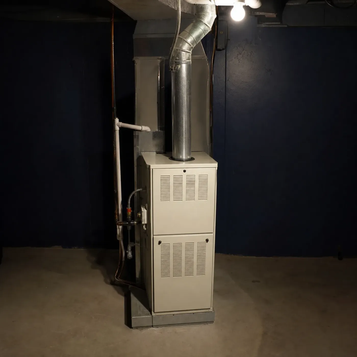 A beige residential furnace with two louvered access panels stands in a basement against a dark blue wall, connected to galvanized metal ductwork and a flue pipe, with copper and PVC pipes nearby and a bare bulb overhead.