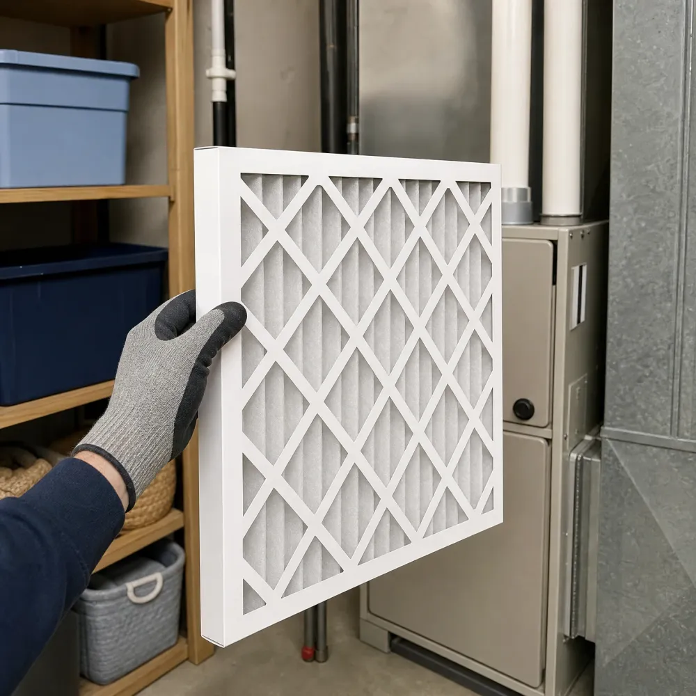 A gloved hand holds a pleated air filter with a white cardboard frame in front of a furnace and ducting, beside shelving with plastic storage bins.