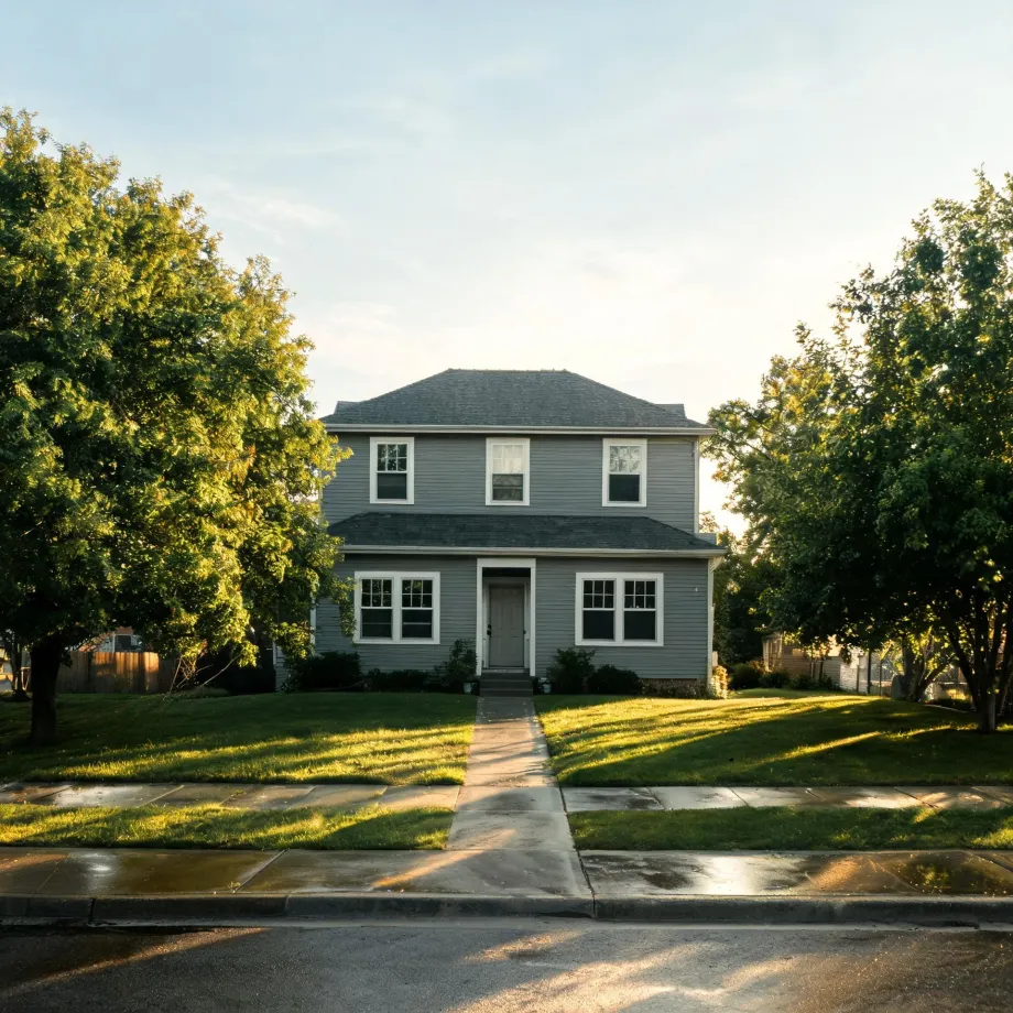 A two-story gray clapboard house with white-trimmed windows and a central door, set behind a mown lawn with a concrete walkway, flanked by large leafy trees in low sunlight.