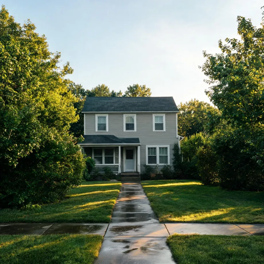 A two-story gray house with white-trimmed windows, a dark roof and a small covered porch, seen from a wet concrete walkway crossing a green lawn with tall leafy trees on both sides.