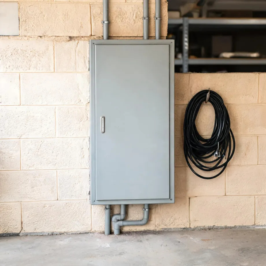 A gray metal electrical panel cabinet mounted on a pale block wall with conduit pipes entering above and below, and a coiled black extension cord hanging on a hook to the right above a concrete floor.