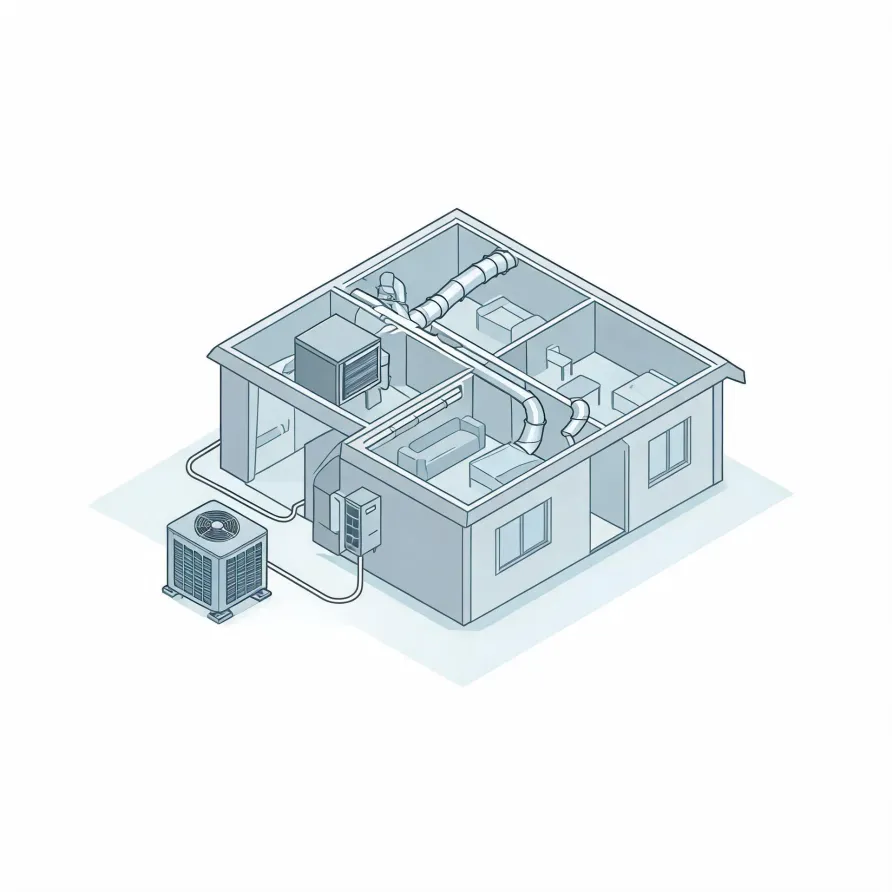 Isometric line illustration of a cutaway house showing interior rooms with ductwork, an air handler and furnace, connected by lines to an outdoor condenser unit on the ground outside.