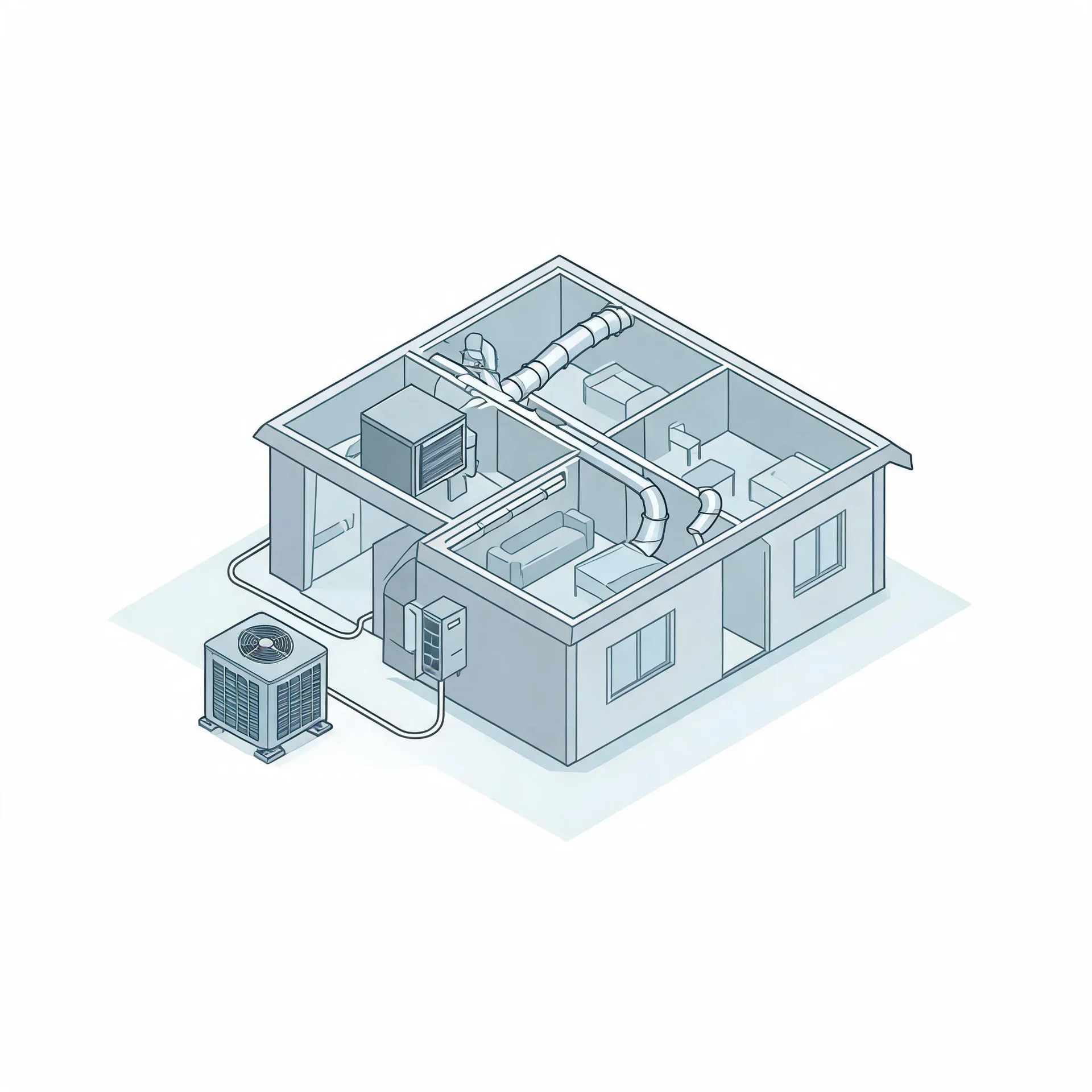 Isometric line illustration of a cutaway house showing interior rooms with ductwork, an air handler and furnace, connected by lines to an outdoor condenser unit on the ground outside.