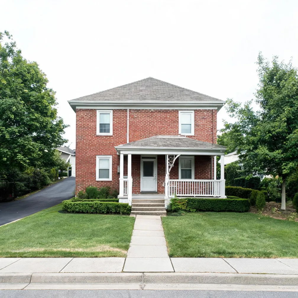 Two-story red brick house with a gray hipped roof, white covered front porch with railings, flanked by green trees and hedges, with a concrete walkway crossing a mown lawn to a street.