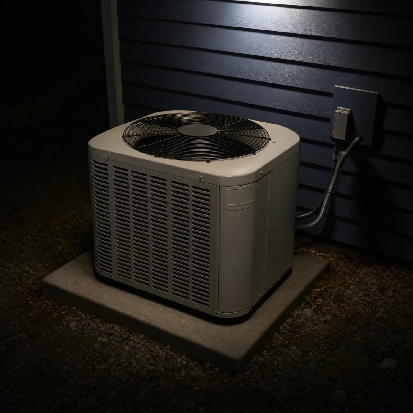 An outdoor air conditioner condenser unit on a concrete pad beside a dark horizontal-lap sided house at night, with an electrical disconnect box and conduit on the wall.