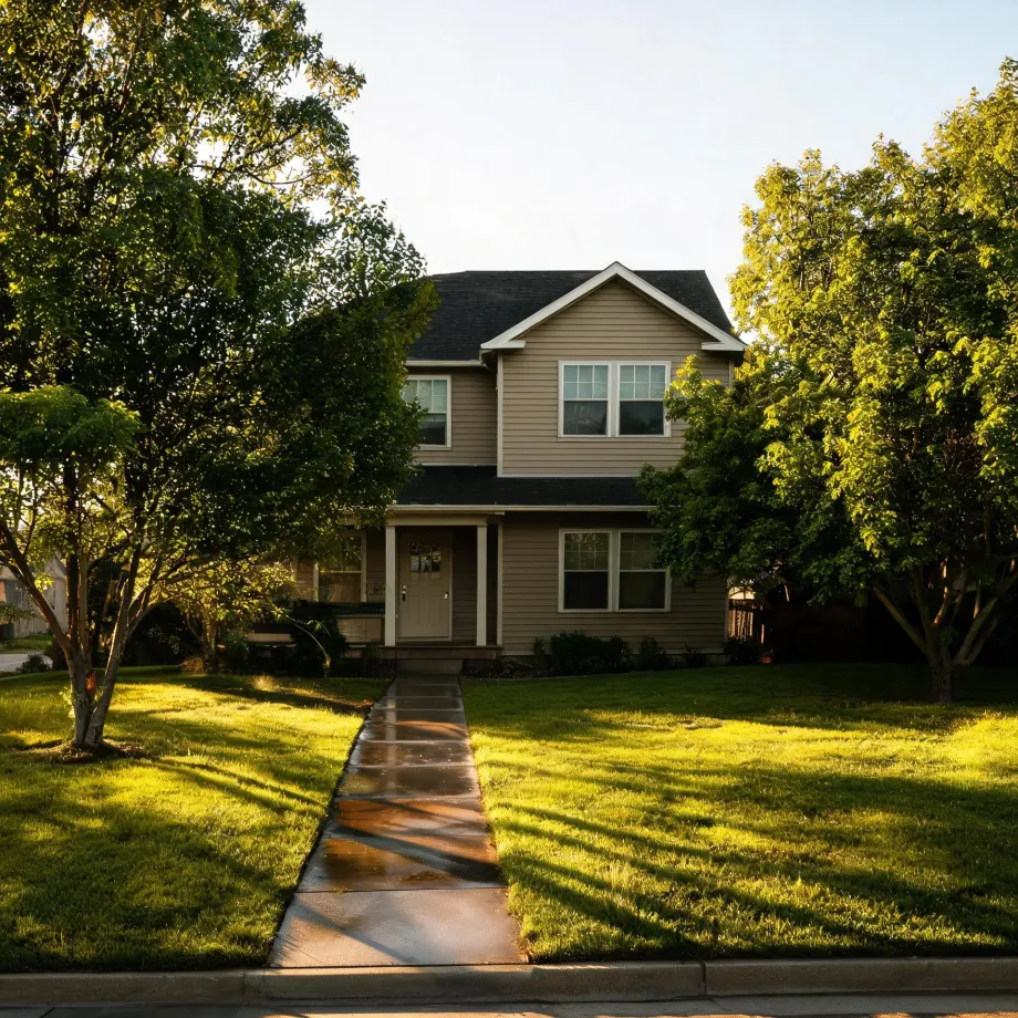 A two-story house with tan horizontal siding and a dark shingled roof, set behind a mown green lawn with a wet concrete walkway leading to the front door, flanked by large leafy trees in low sunlight.