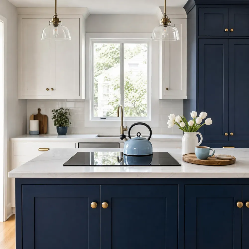A kitchen with navy blue cabinets and a white stone-topped island holding a black induction cooktop, a light blue kettle, a mug on a wooden board, and white tulips in a pitcher, with cream upper cabinets, two glass pendant lights, and a window above the sink.