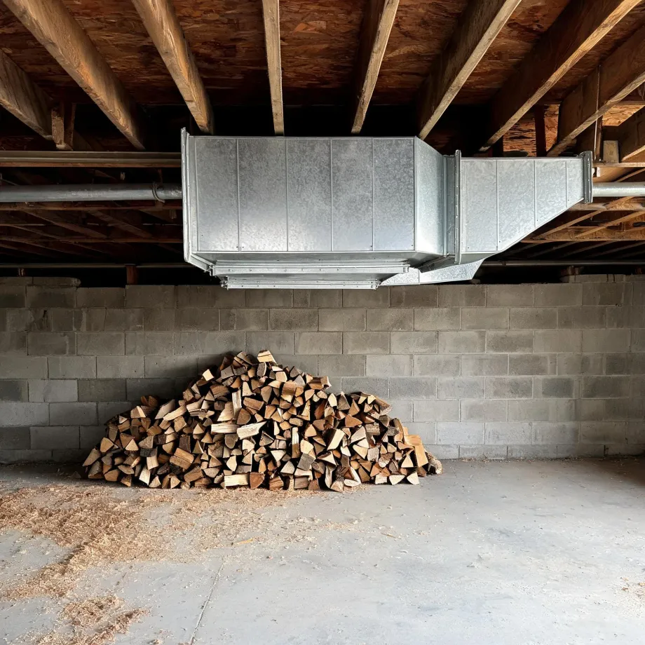 A basement or crawlspace with a concrete block wall, exposed wood floor joists, a large galvanized sheet-metal duct plenum overhead, and a pile of split firewood on the concrete floor.