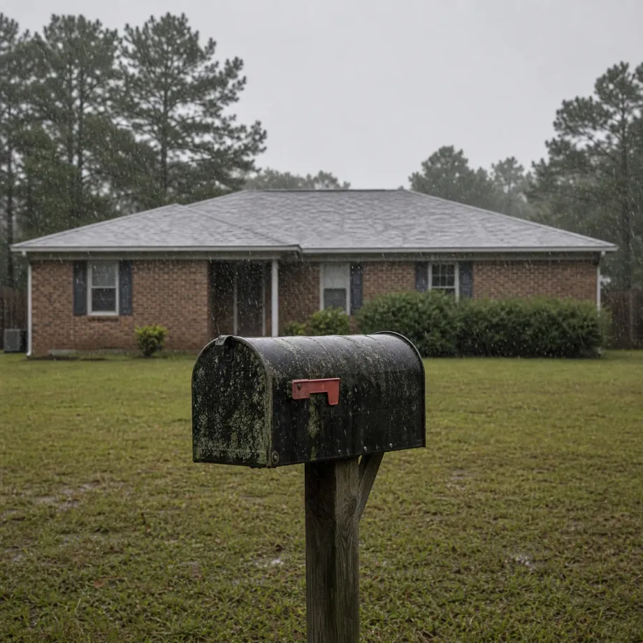 A weathered black mailbox with a red flag on a wooden post stands in a grassy yard during rain, with a single-story brick house and pine trees behind it under an overcast sky.