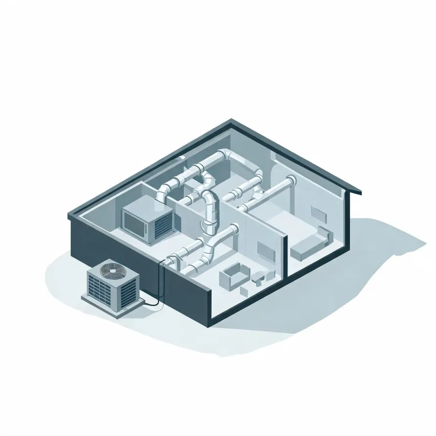 Isometric cutaway illustration of a house interior showing ducted HVAC piping, an indoor air handler unit, and an outdoor condenser with fan connected by a line, rendered in grey tones on a white background.