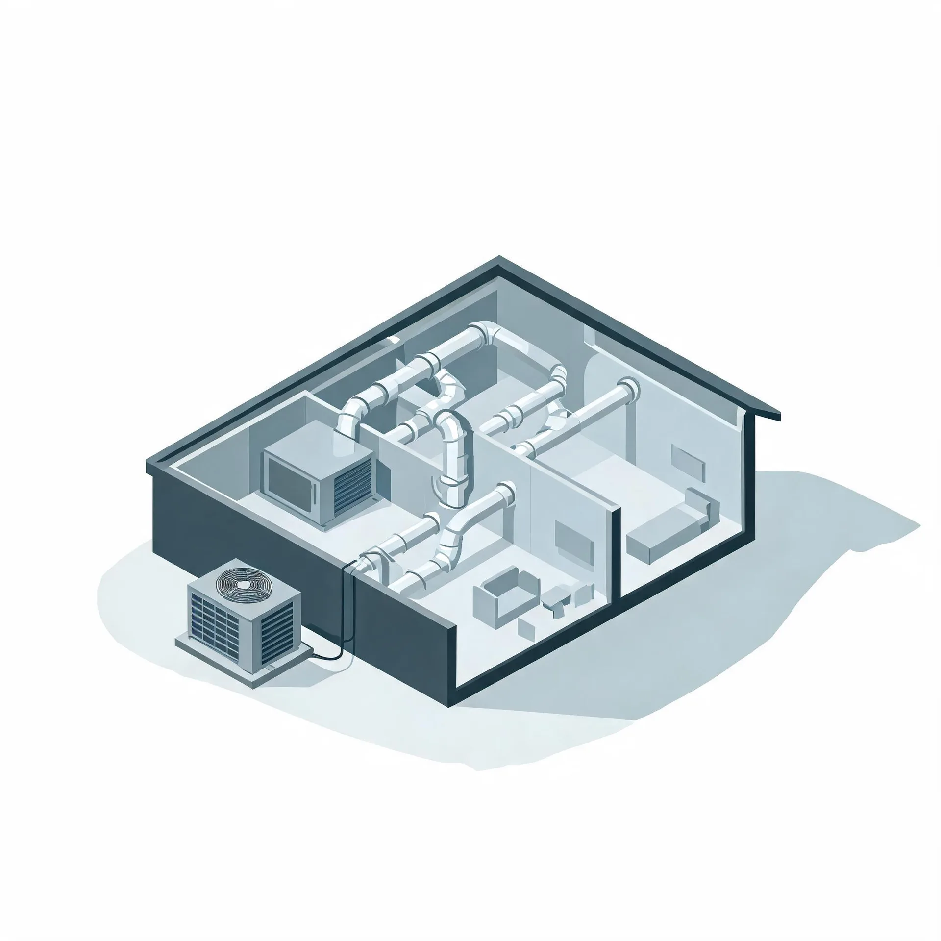 Isometric cutaway illustration of a house interior showing ducted HVAC piping, an indoor air handler unit, and an outdoor condenser with fan connected by a line, rendered in grey tones on a white background.