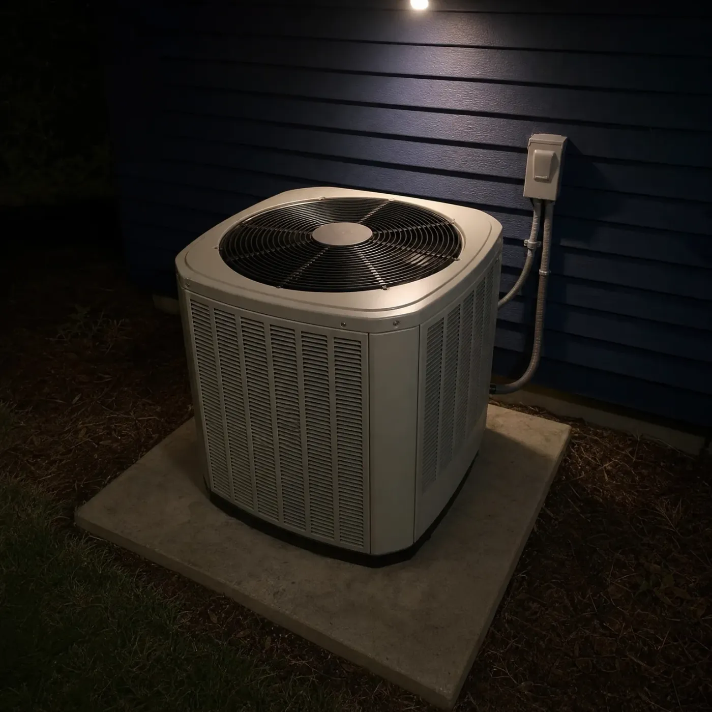An outdoor air conditioning condenser unit on a concrete pad beside a dark blue horizontal lap siding wall at night, with a wall-mounted disconnect box and flexible conduit.