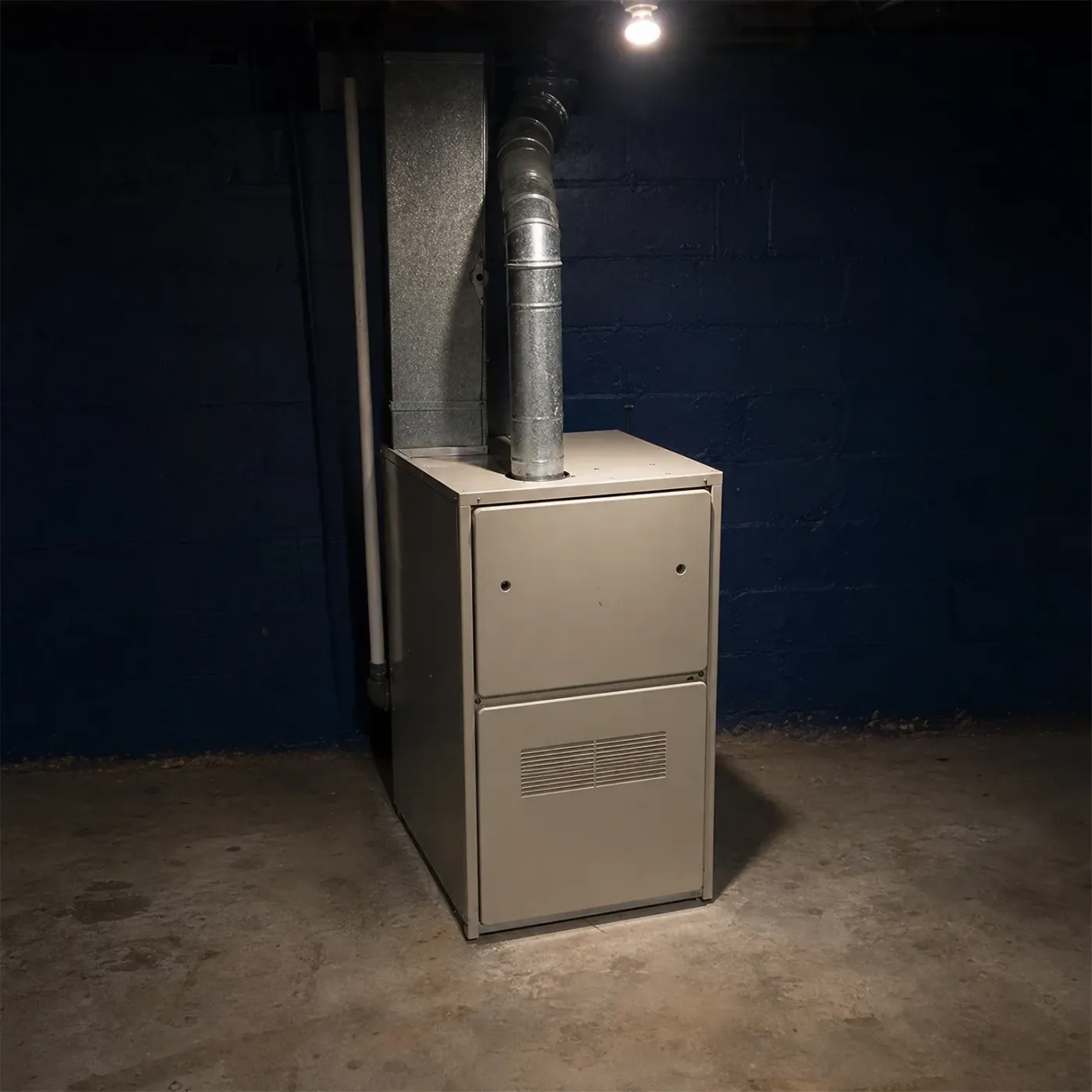 A beige gas furnace with a metal flue pipe and sheet-metal plenum stands against a blue-painted concrete block wall in a basement with a bare ceiling light.