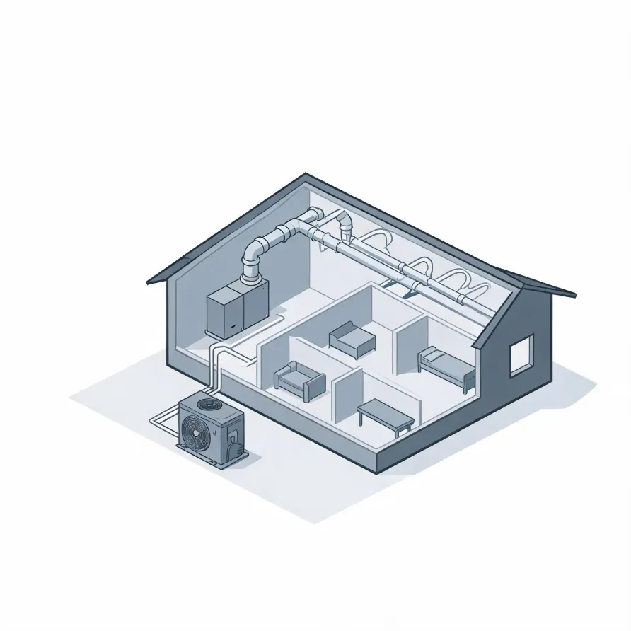 Isometric line illustration of a cutaway house showing interior rooms with furniture, a furnace or air handler with overhead ductwork, and an outdoor condenser unit connected by lines outside the wall.