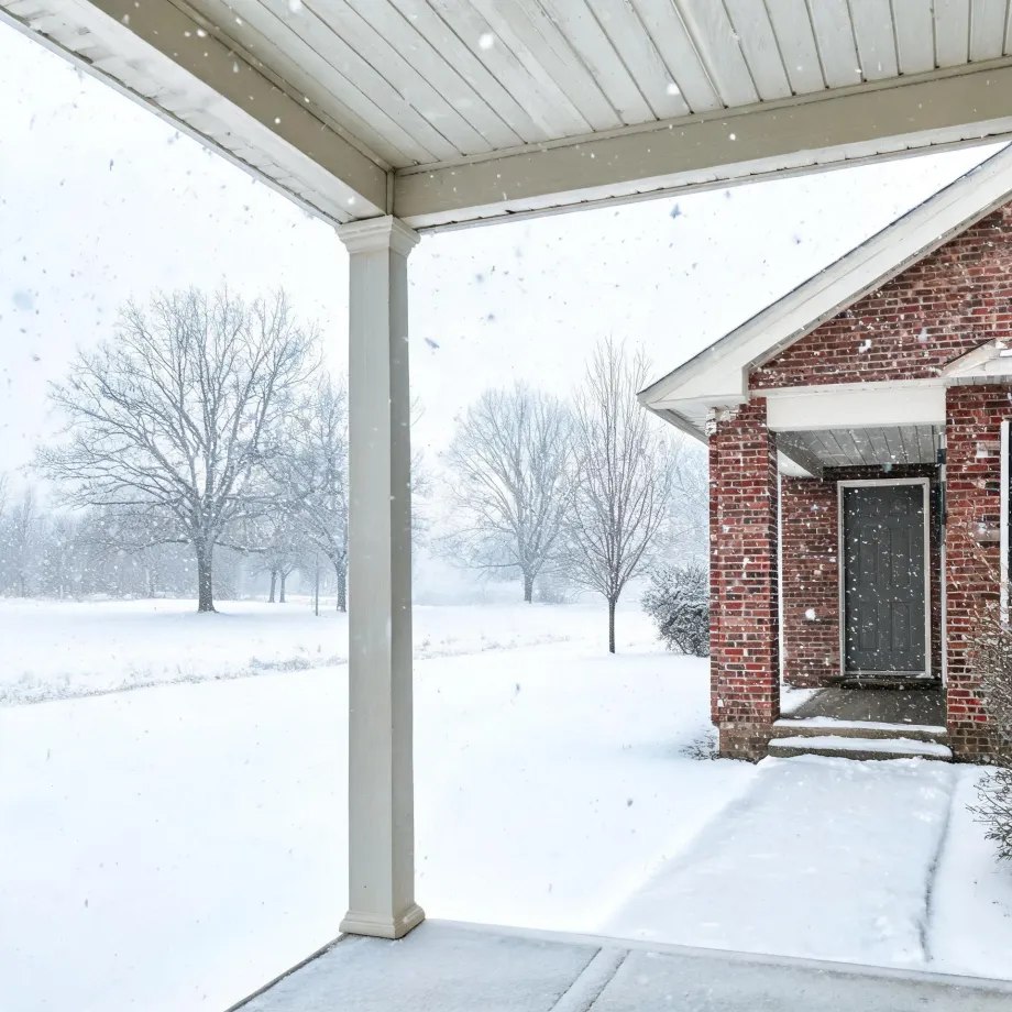 View from under a covered porch with a white column toward a red brick house with a dark door, with falling snow, snow-covered ground and bare trees in the background.