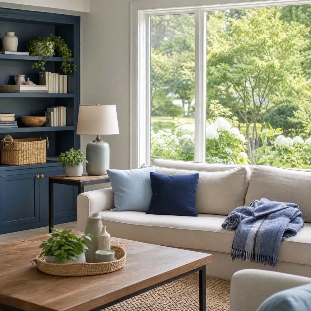 A living room with a beige sofa holding light blue and navy pillows and a blue fringed throw, a wooden coffee table with a woven tray and potted plant, a navy built-in bookcase with books, baskets and plants, a table lamp, and a large window showing green trees and white flowering shrubs.