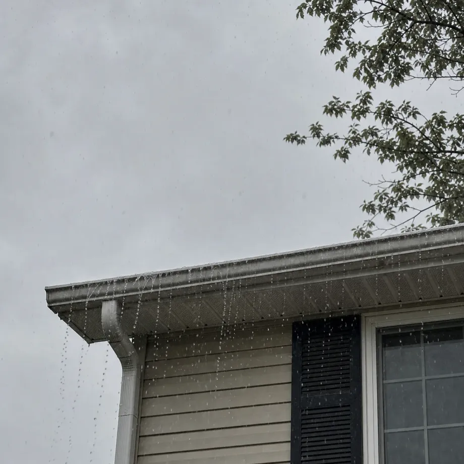 Corner of a house with beige vinyl siding, a black shutter beside a window, and rainwater overflowing from the gutter along the roof edge against an overcast gray sky, with tree branches at upper right.