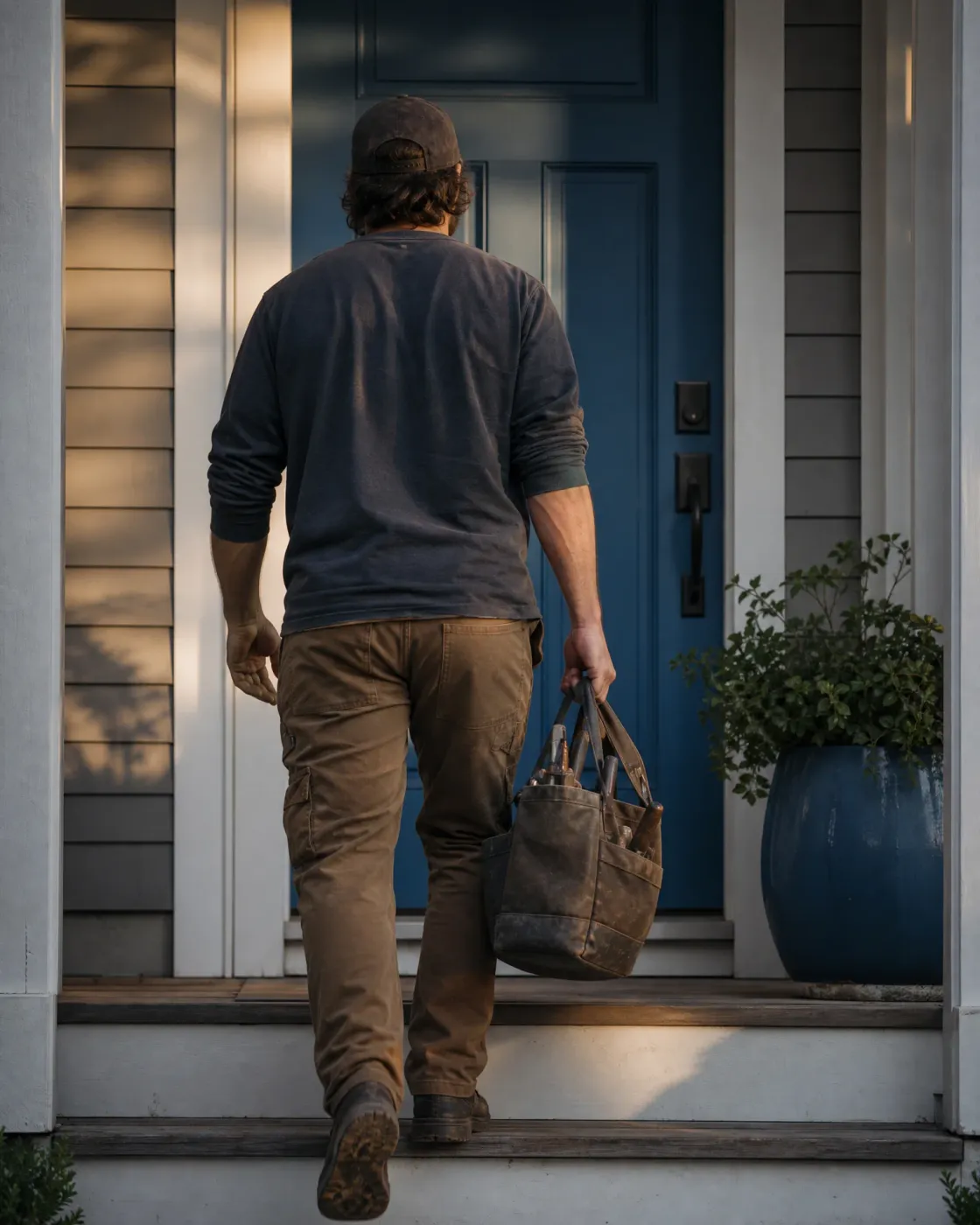 A man in a cap, dark long-sleeved shirt and brown work pants, seen from behind, carries a worn leather tool bag up porch steps toward a blue front door beside a blue planter with a shrub.