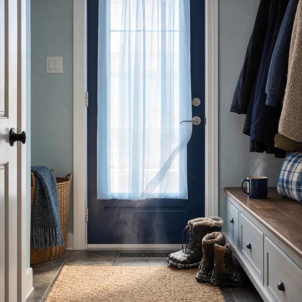 A mudroom with a navy glass-paned door covered by a sheer white curtain, snow-dusted boots on a tiled floor, a woven rug, coats hanging on a rail, and a white bench with a wooden top holding a blue mug.