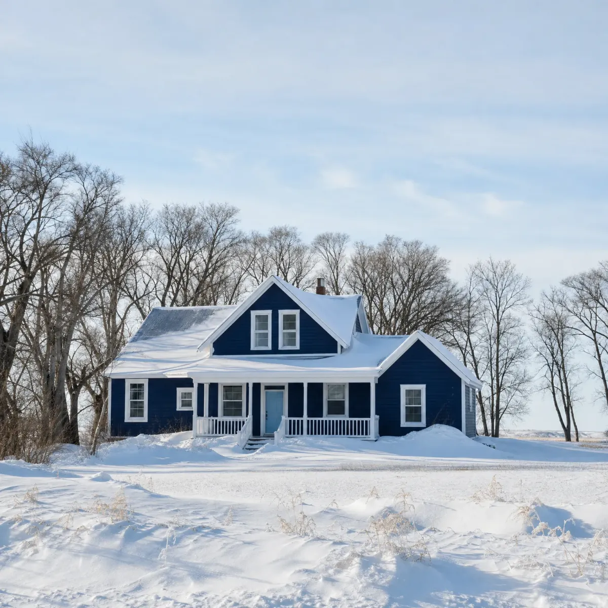 A dark blue two-story house with white trim, a covered front porch and snow-covered roof stands in a snow-covered field with bare deciduous trees behind it under a pale blue sky.