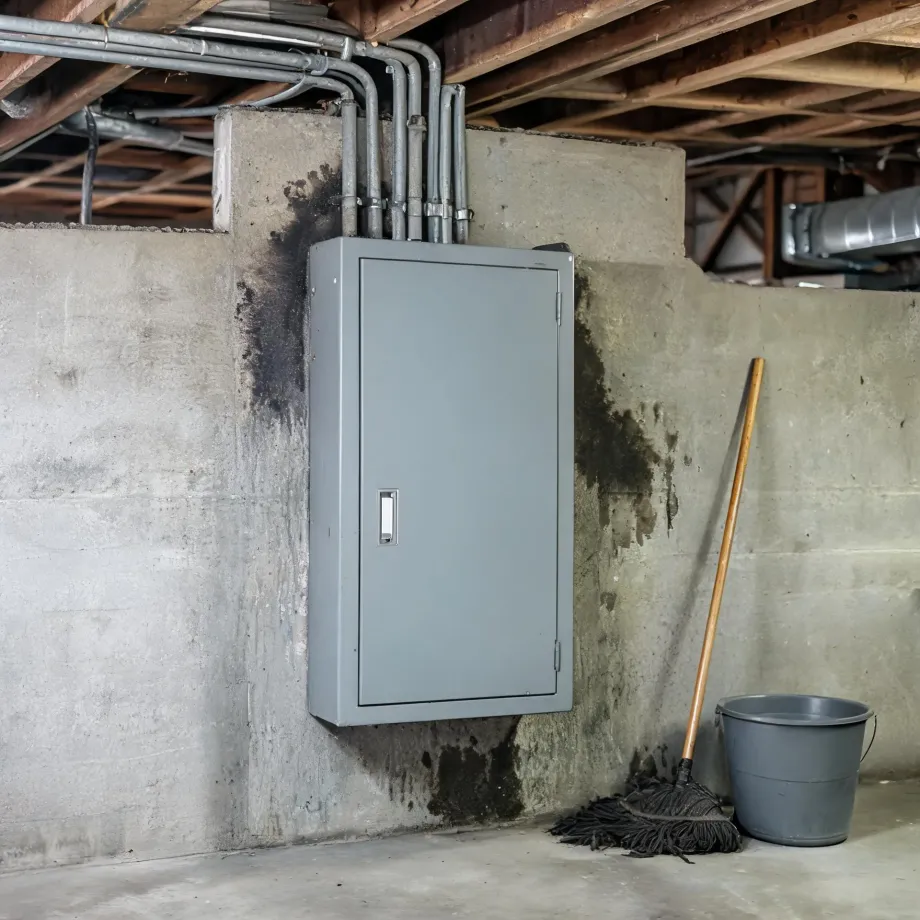 A gray electrical panel box mounted on a stained concrete basement wall with conduit running to exposed floor joists above, and a mop and plastic bucket on the floor to the right.