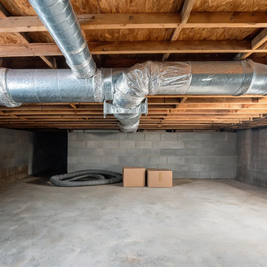 Unfinished basement with exposed wood joists, galvanized and insulated flexible ductwork overhead, concrete block walls, a coiled black hose and two cardboard boxes on the bare concrete floor.