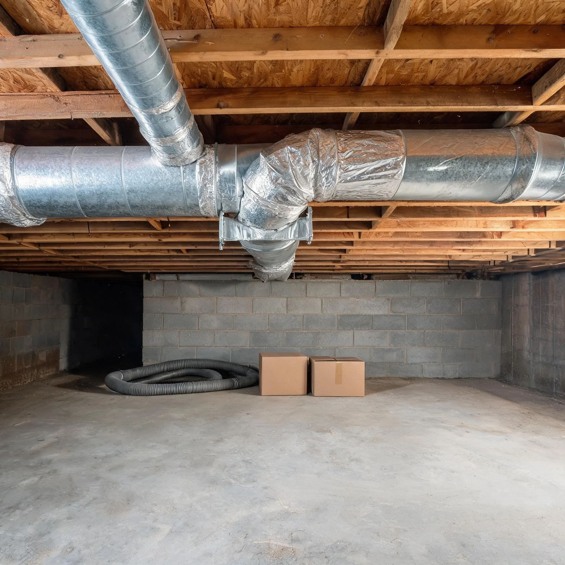 Unfinished basement with exposed wood joists, galvanized and insulated flexible ductwork overhead, concrete block walls, a coiled black hose and two cardboard boxes on the bare concrete floor.