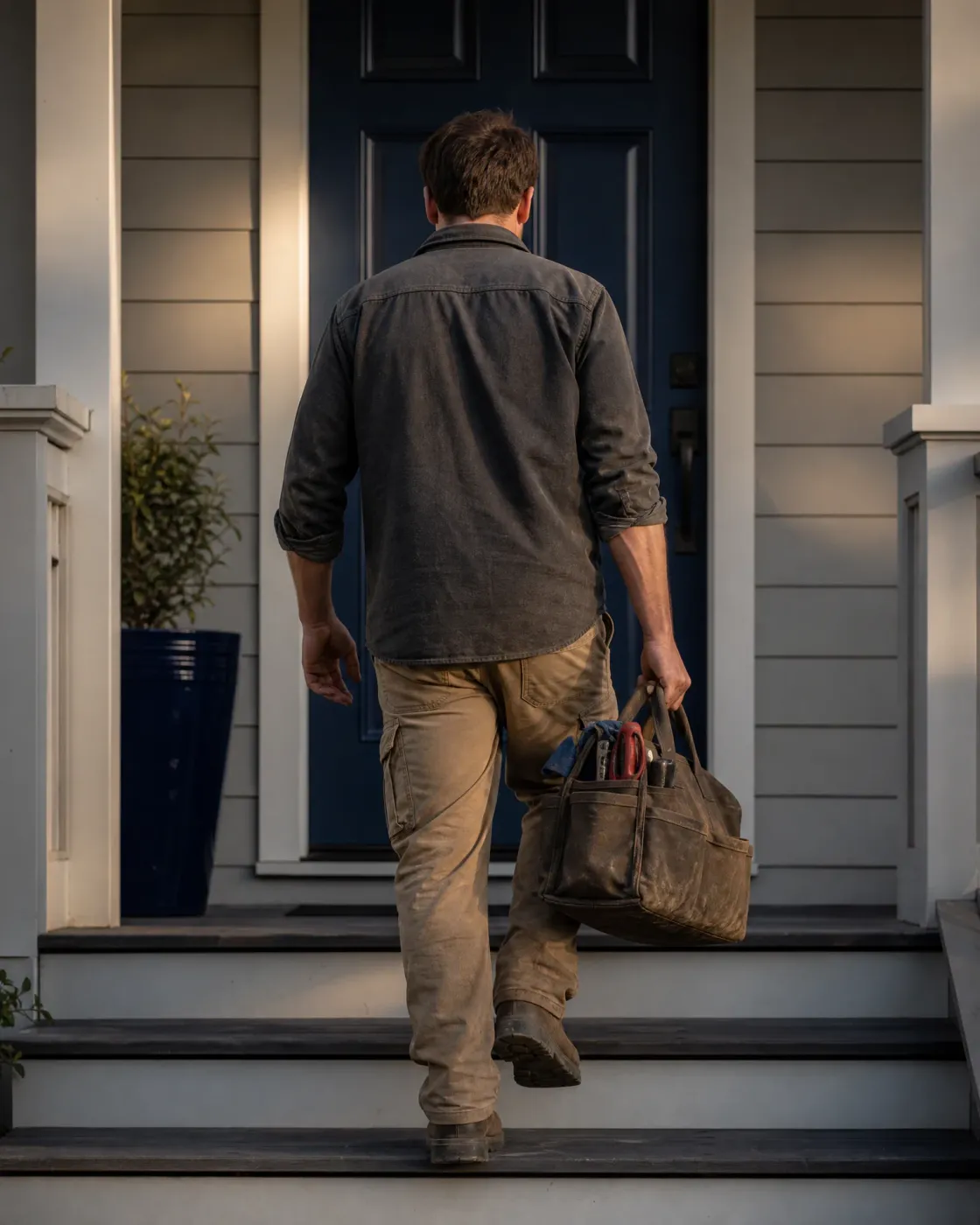 A man in a dark work shirt, tan cargo pants and boots, seen from behind, climbs porch steps toward a navy front door while carrying a worn leather tool bag.