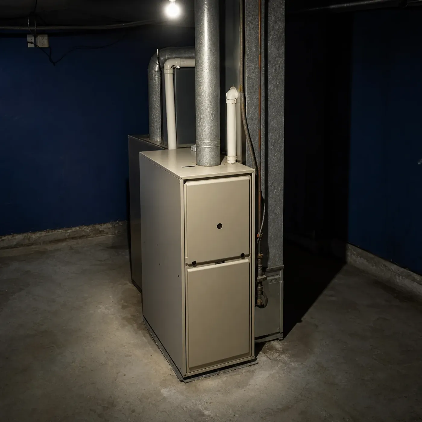A beige residential gas furnace with metal ductwork and PVC vent pipes stands on a concrete basement floor beside a blue-painted wall and a support column.