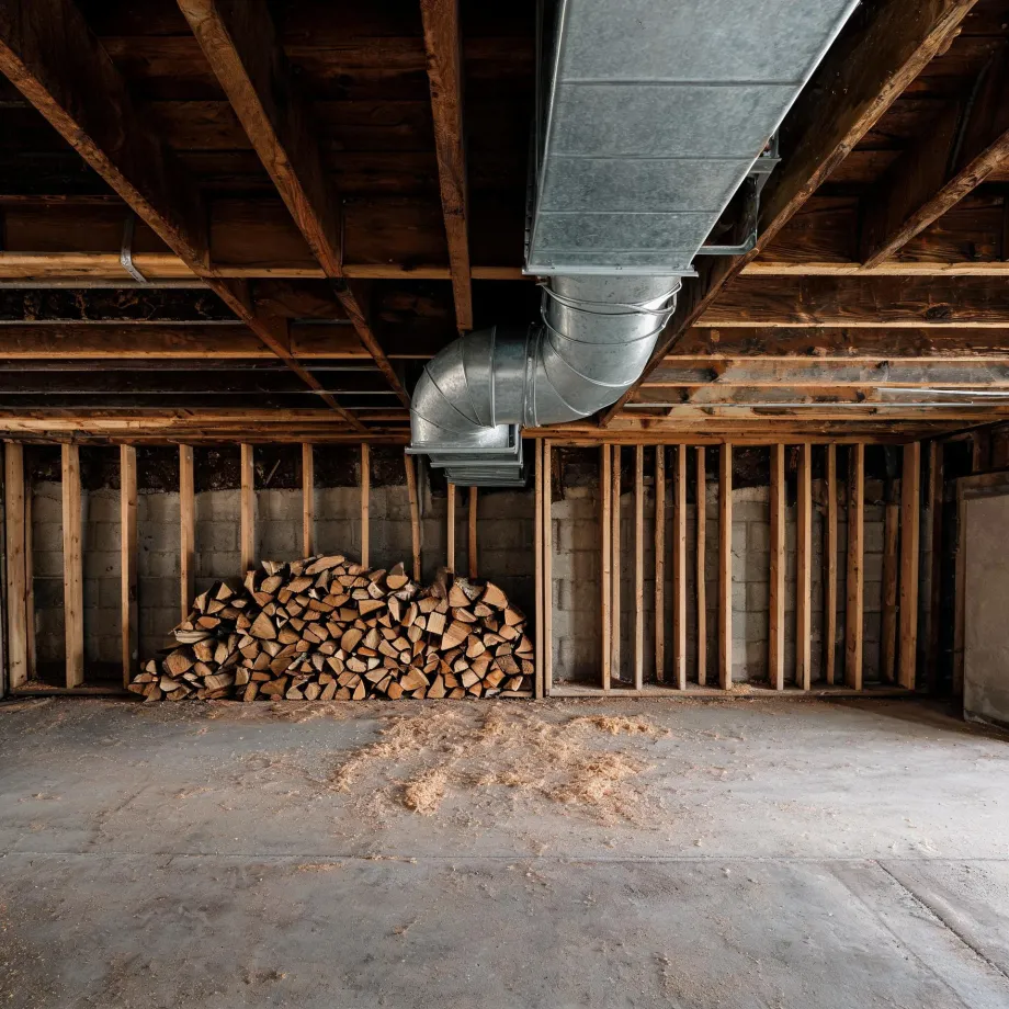 Unfinished basement with concrete block walls, exposed wood joists and studs, a galvanized sheet-metal duct with a round elbow, a stack of split firewood against the wall, and sawdust on the concrete floor.