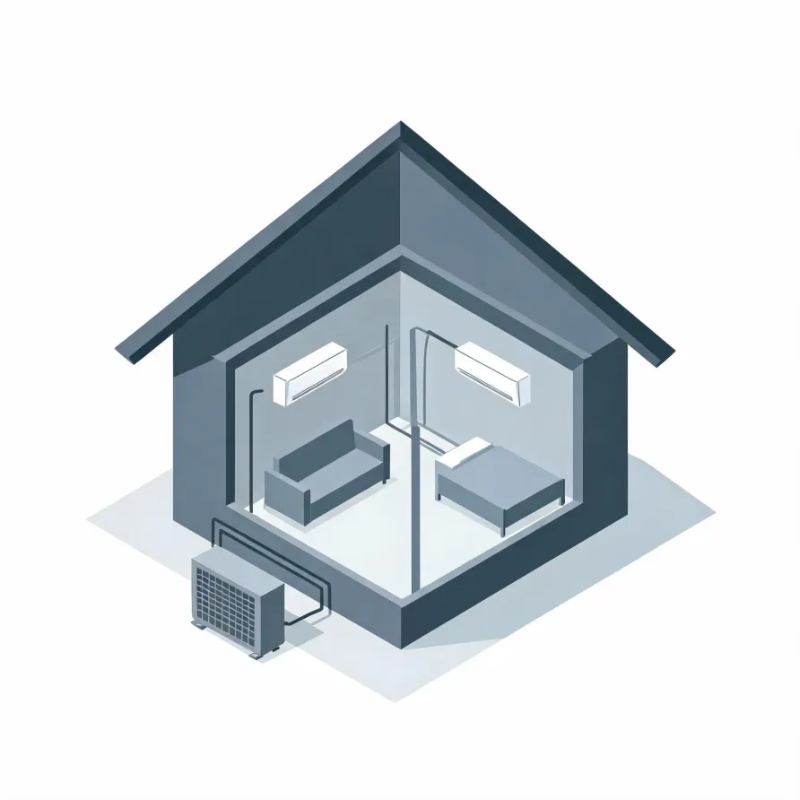 Isometric cutaway illustration of a small gray house showing two rooms, one with a sofa and one with a bed, each with a wall-mounted indoor air conditioning unit connected by line sets to an outdoor condenser unit on the ground outside.