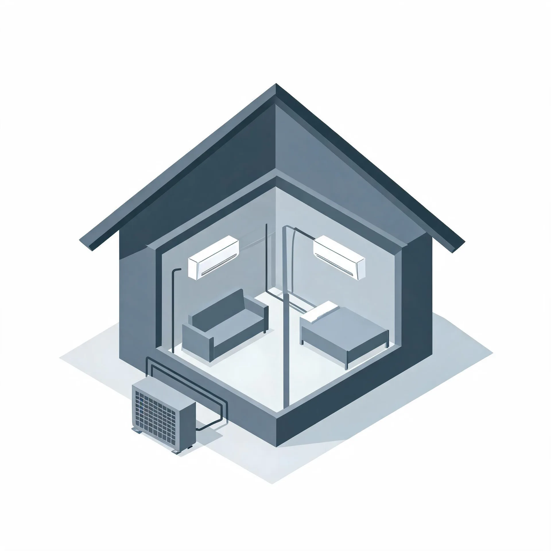 Isometric cutaway illustration of a small gray house showing two rooms, one with a sofa and one with a bed, each with a wall-mounted indoor air conditioning unit connected by line sets to an outdoor condenser unit on the ground outside.