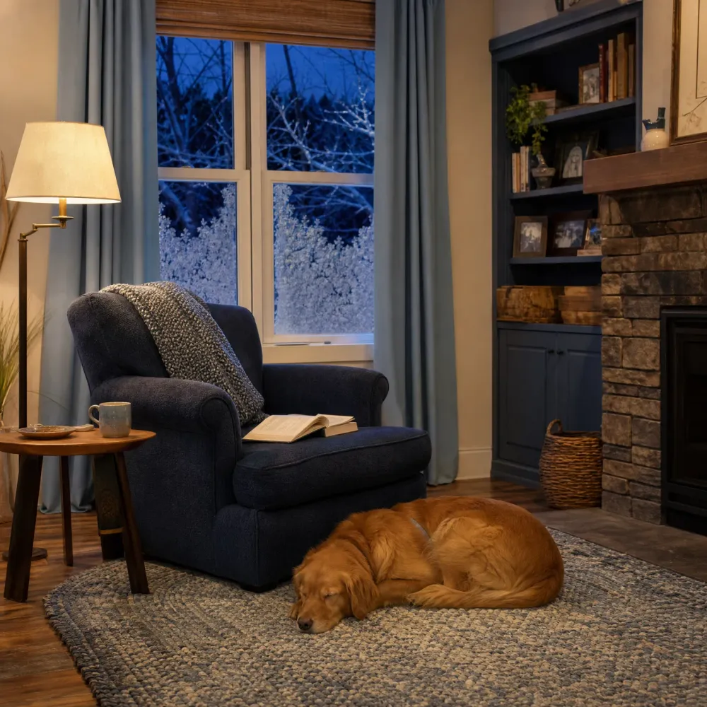 A golden retriever sleeps on a braided gray rug beside a navy upholstered armchair holding an open book, with a lit floor lamp, side table with mug, curtained window showing frost-covered branches at dusk, and a stone fireplace with built-in blue shelves.