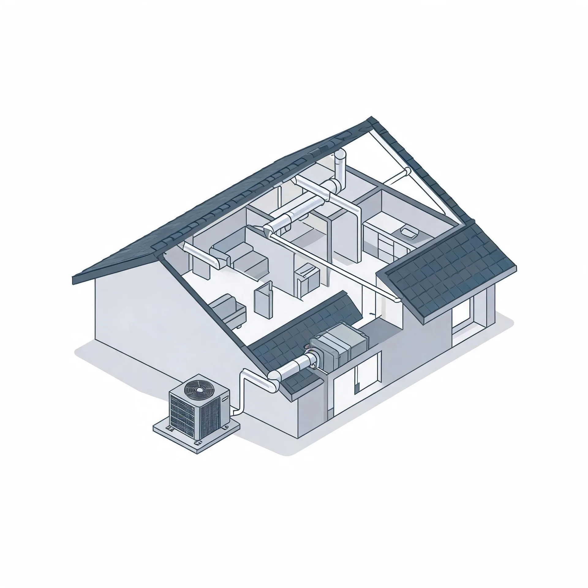 Isometric line illustration of a cutaway single-story house showing interior rooms, ceiling ductwork and an air handler, connected to an outdoor condenser unit on a pad beside the building.