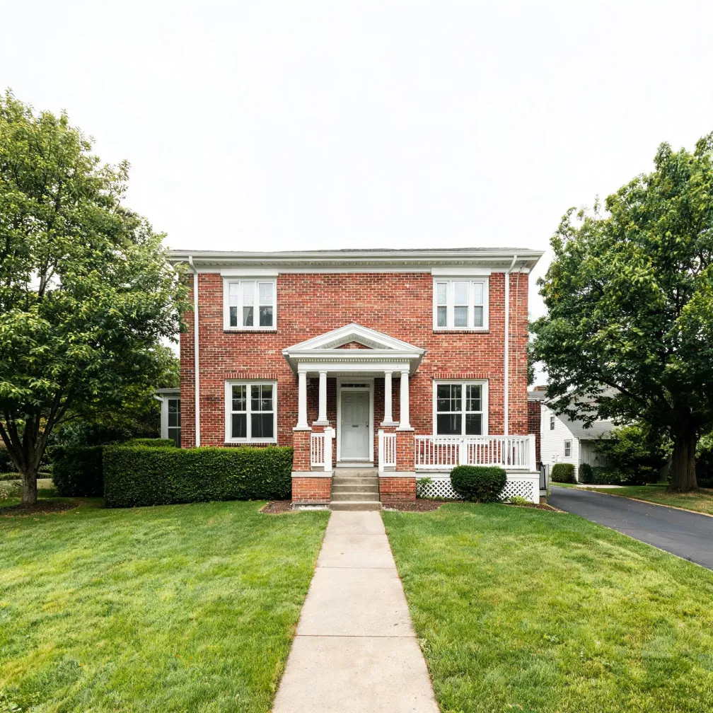 A two-story red brick house with white trim, a small pedimented front porch with columns and railing, flanked by leafy trees, with a concrete walkway crossing a mown lawn to the entrance.