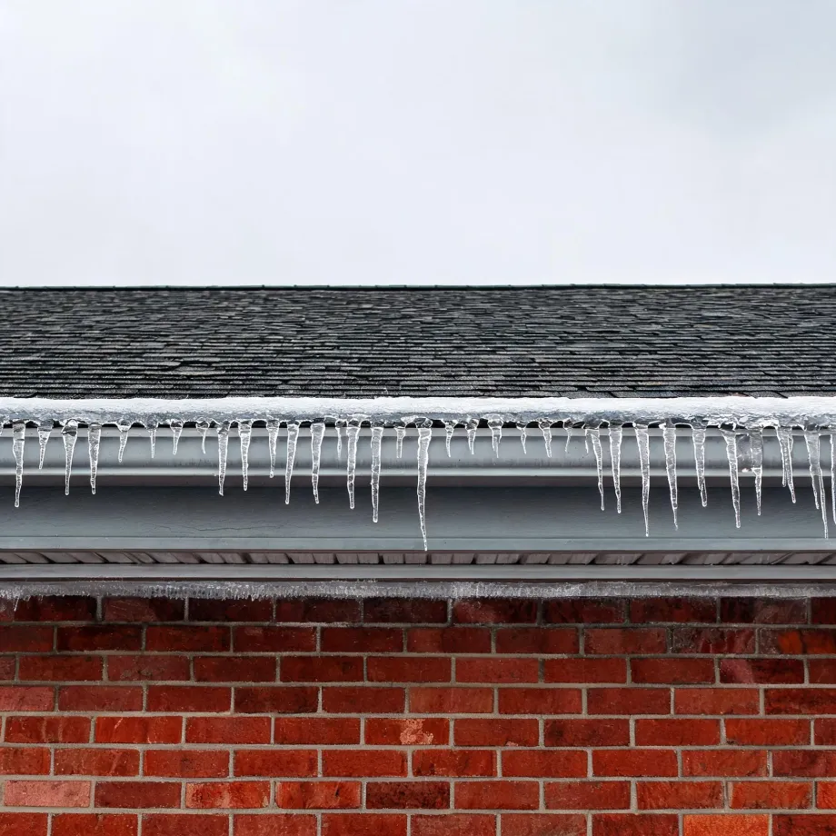 Icicles hang from a gray gutter along the edge of a dark shingled roof above a red brick wall, under an overcast white sky.
