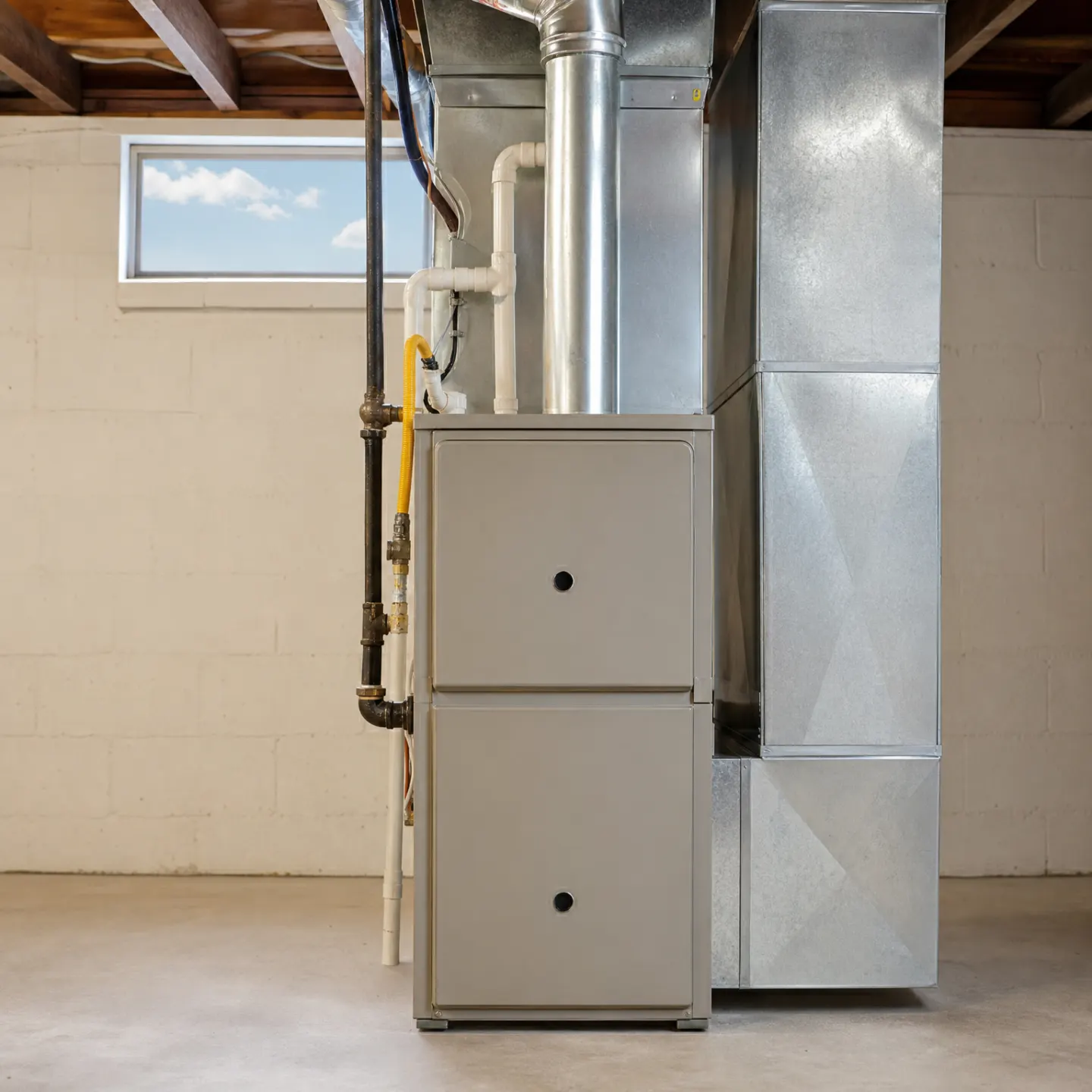 A gas furnace with attached ductwork, gas piping, and condensate lines installed in a concrete-block basement.