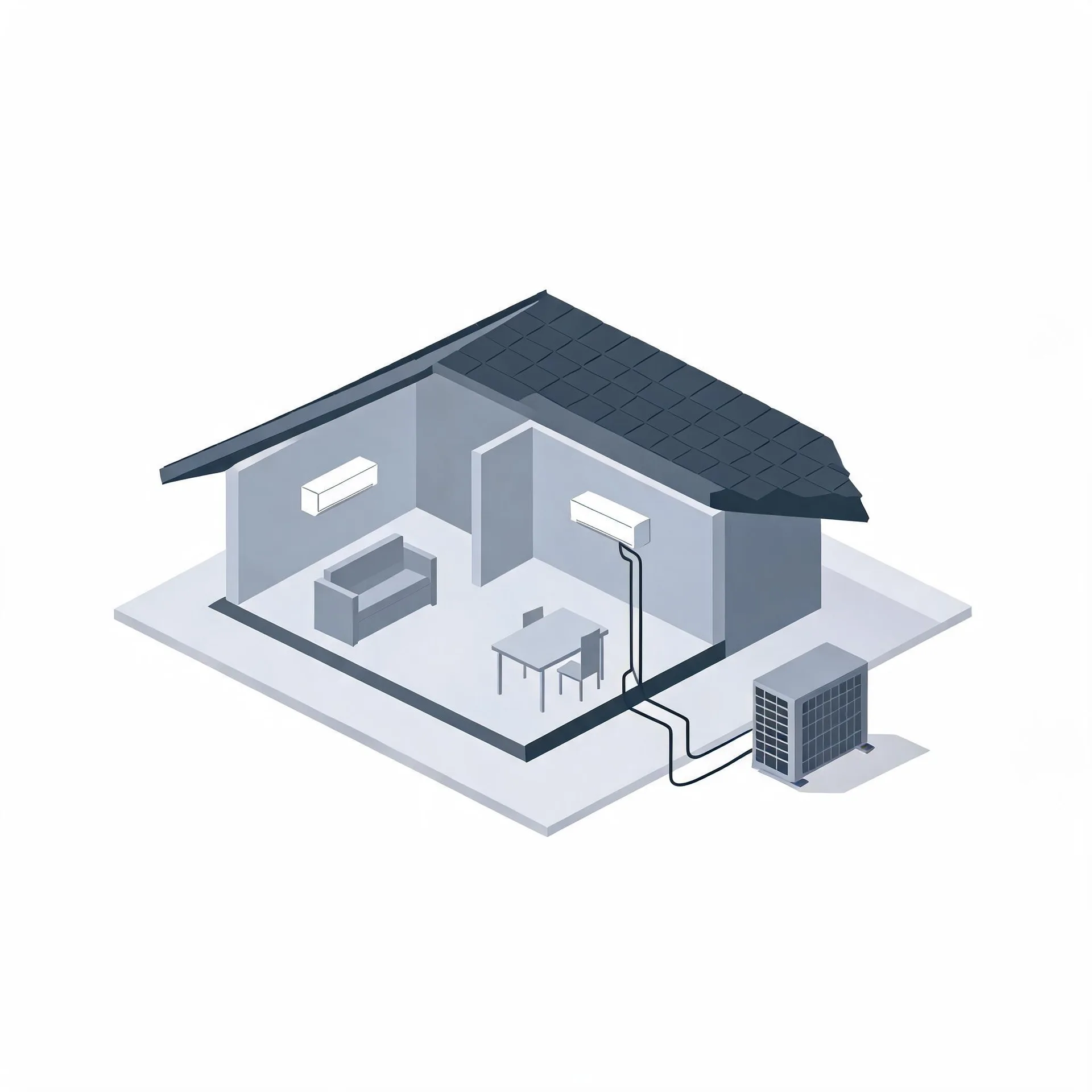 Isometric illustration of a cutaway house interior with sofa, table and chair, two wall-mounted indoor air conditioning units connected by lines to an outdoor condenser unit beside the building.
