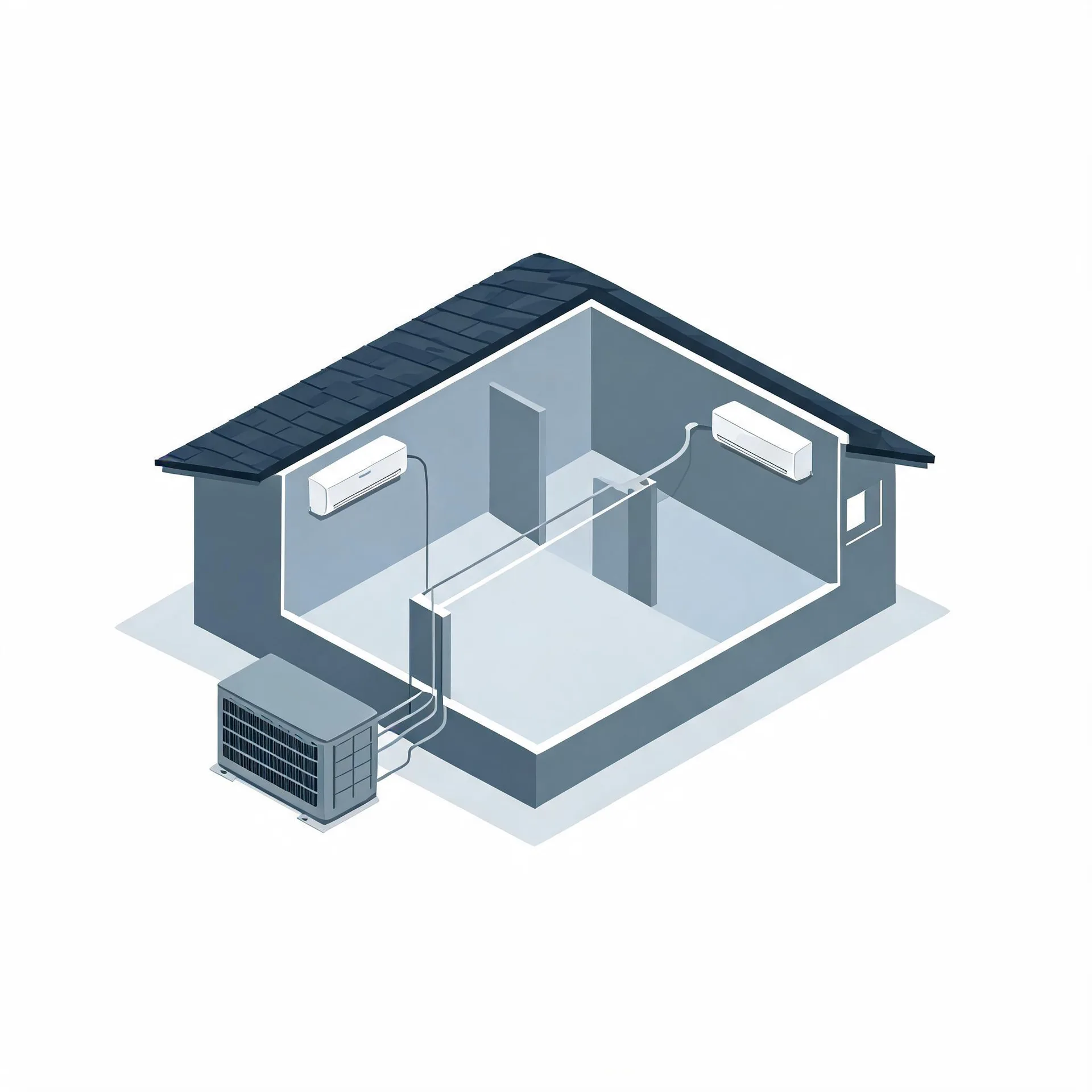 Isometric illustration of a cutaway house showing two wall-mounted mini-split indoor units connected by line sets to a single outdoor condenser beside the exterior wall.