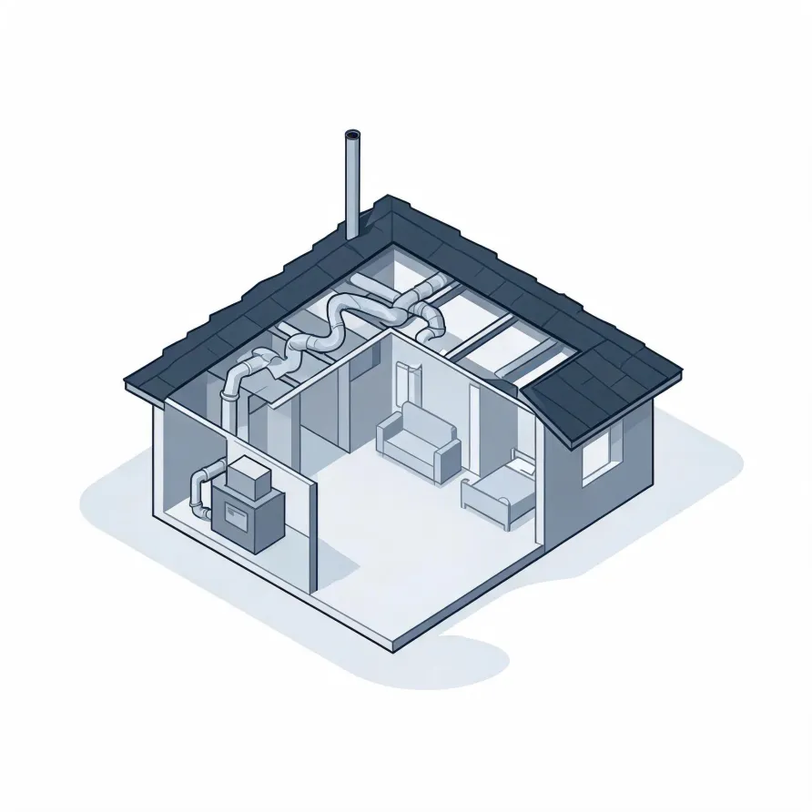 Isometric cutaway illustration of a small house showing a furnace unit connected to ductwork running through the interior and attic, with a chimney on the shingled roof and simple furniture in the rooms.