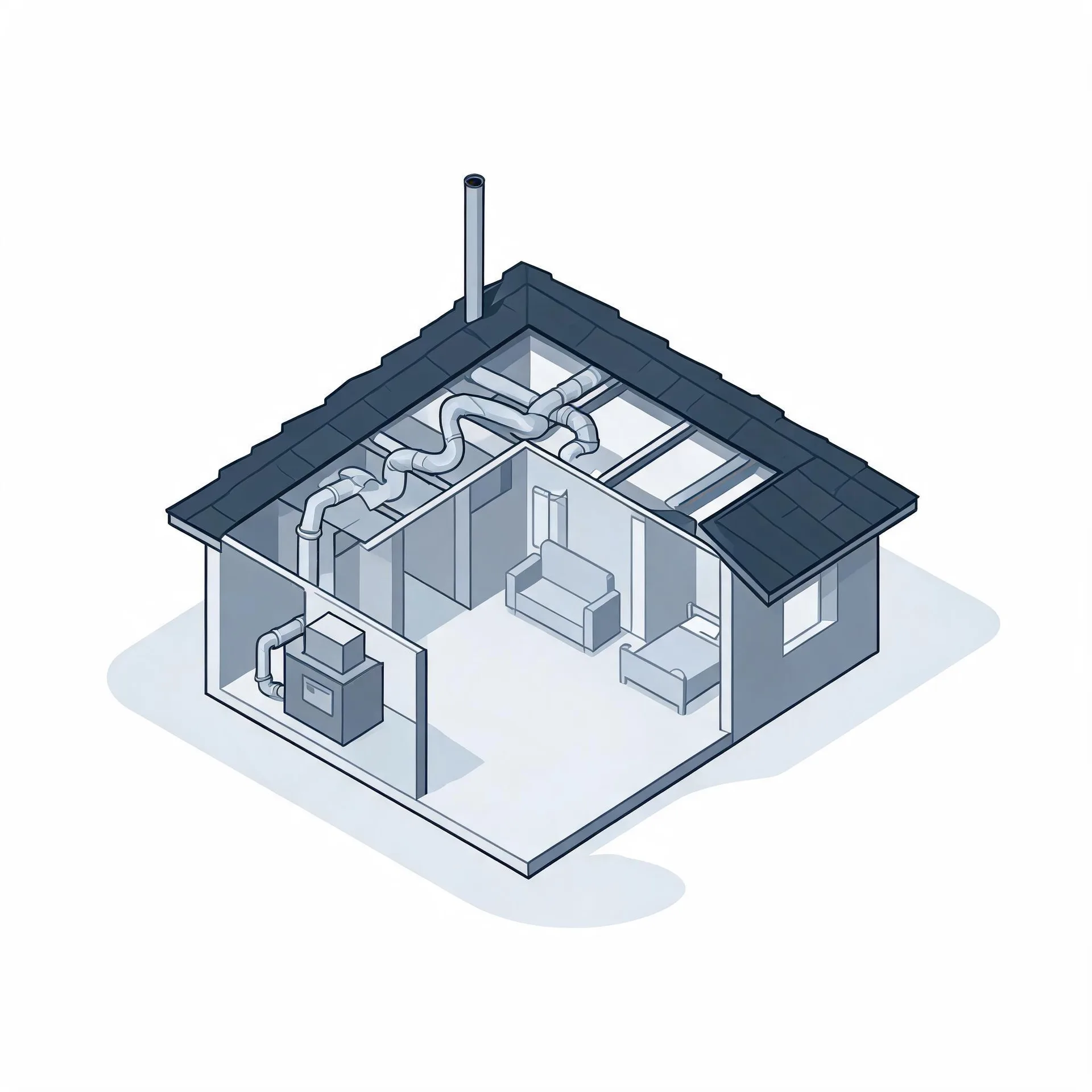 Isometric cutaway illustration of a small house showing a furnace unit connected to ductwork running through the interior and attic, with a chimney on the shingled roof and simple furniture in the rooms.