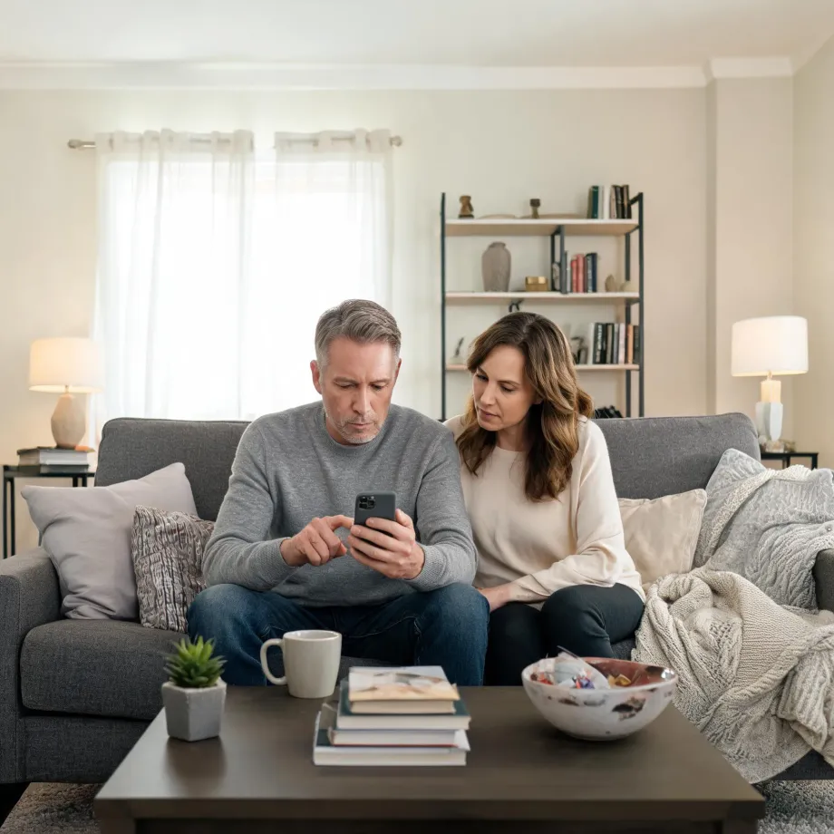 A man and a woman sit close together on a gray sofa in a living room, both looking at a smartphone he is holding, with a coffee table holding books, a mug, a small potted plant and a bowl in the foreground.