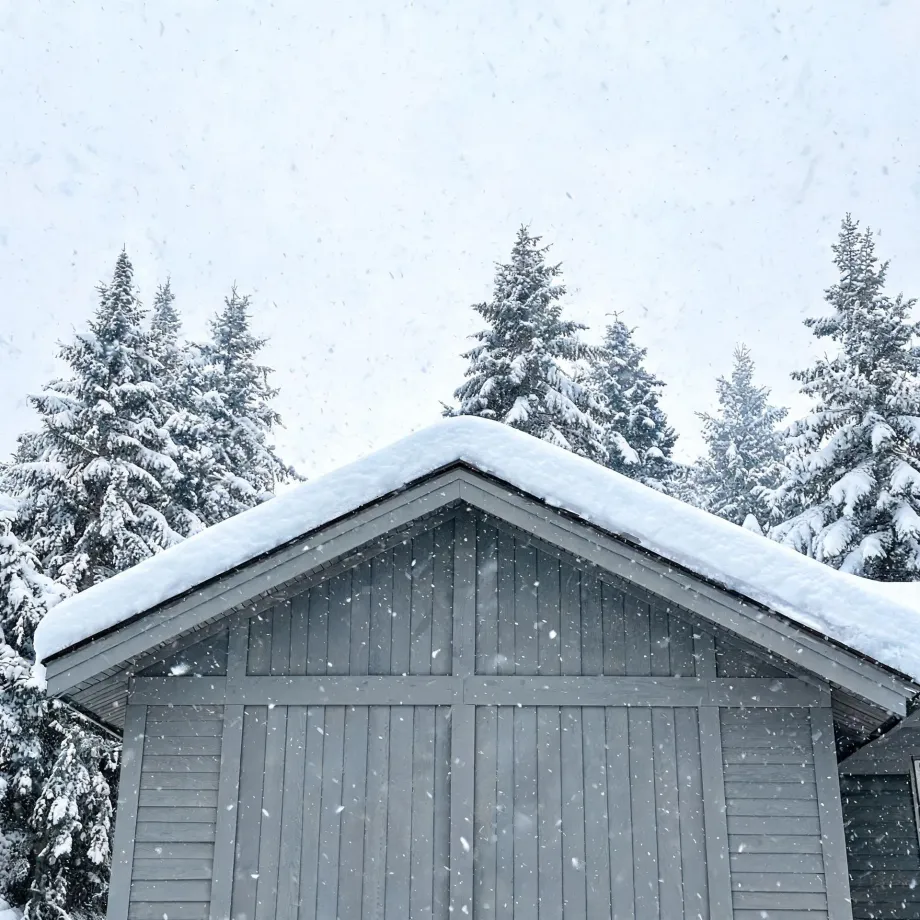 The gable end of a gray vertical-board building with a snow-covered roof, backed by snow-laden conifer trees under a pale sky with falling snow.