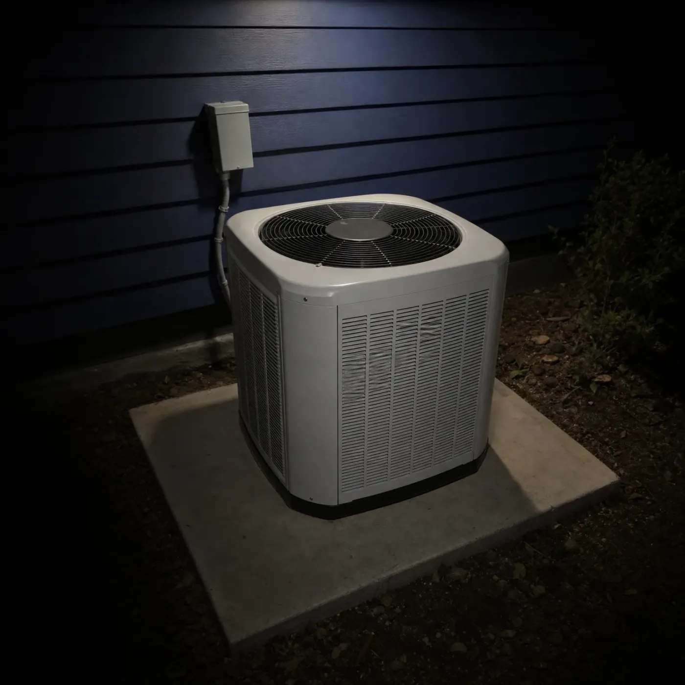 An outdoor air conditioner condenser unit on a concrete pad beside a dark blue horizontal-siding wall at night, with an electrical disconnect box and conduit on the wall above it.