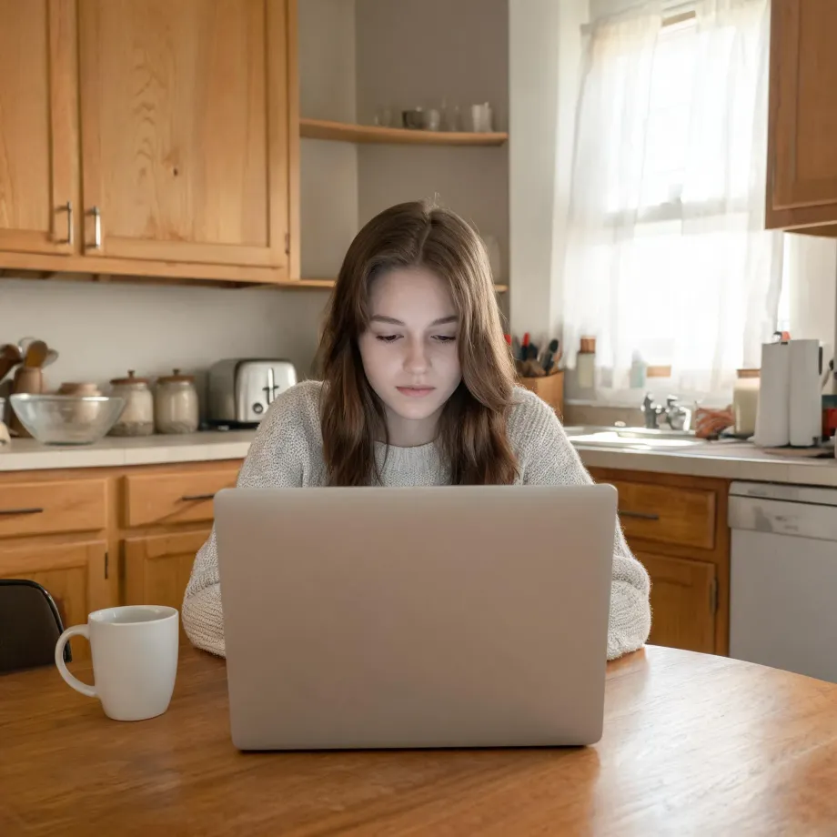 A young woman in a cream knit sweater sits at a wooden table using an open laptop in a kitchen with wood cabinets, a white mug beside her and a curtained window behind.