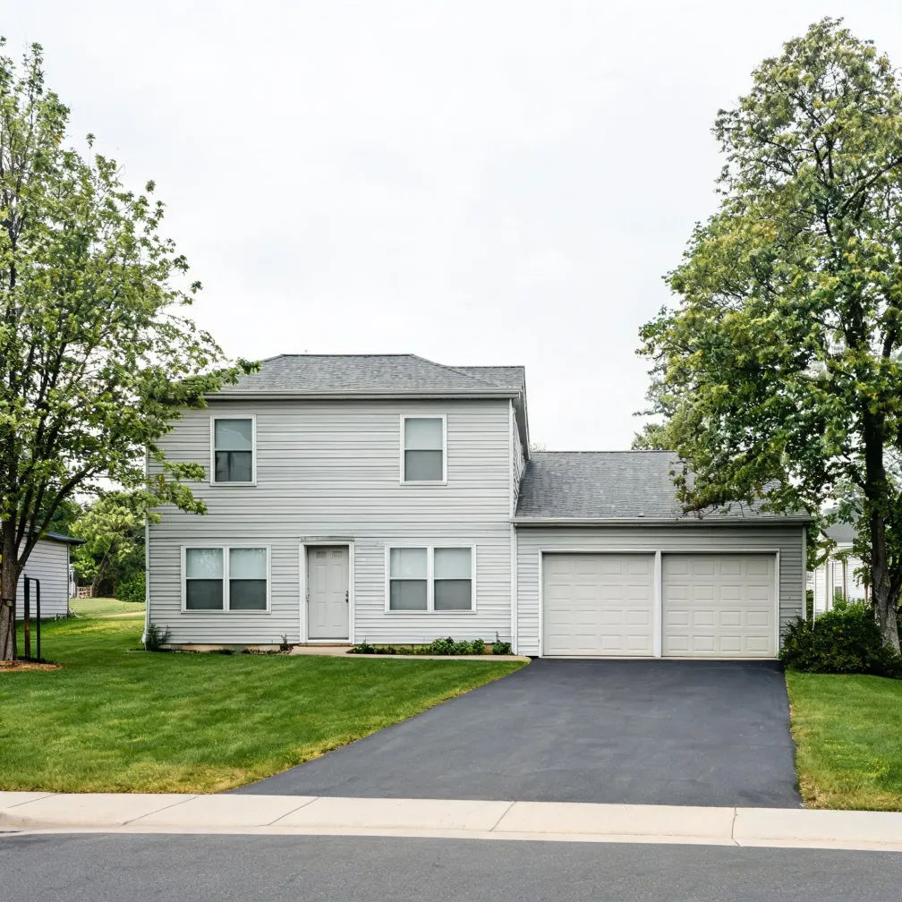 A two-story house with light gray horizontal siding, an attached two-car garage with white doors, an asphalt driveway leading to a street, mowed lawn, and mature deciduous trees on both sides under an overcast sky.