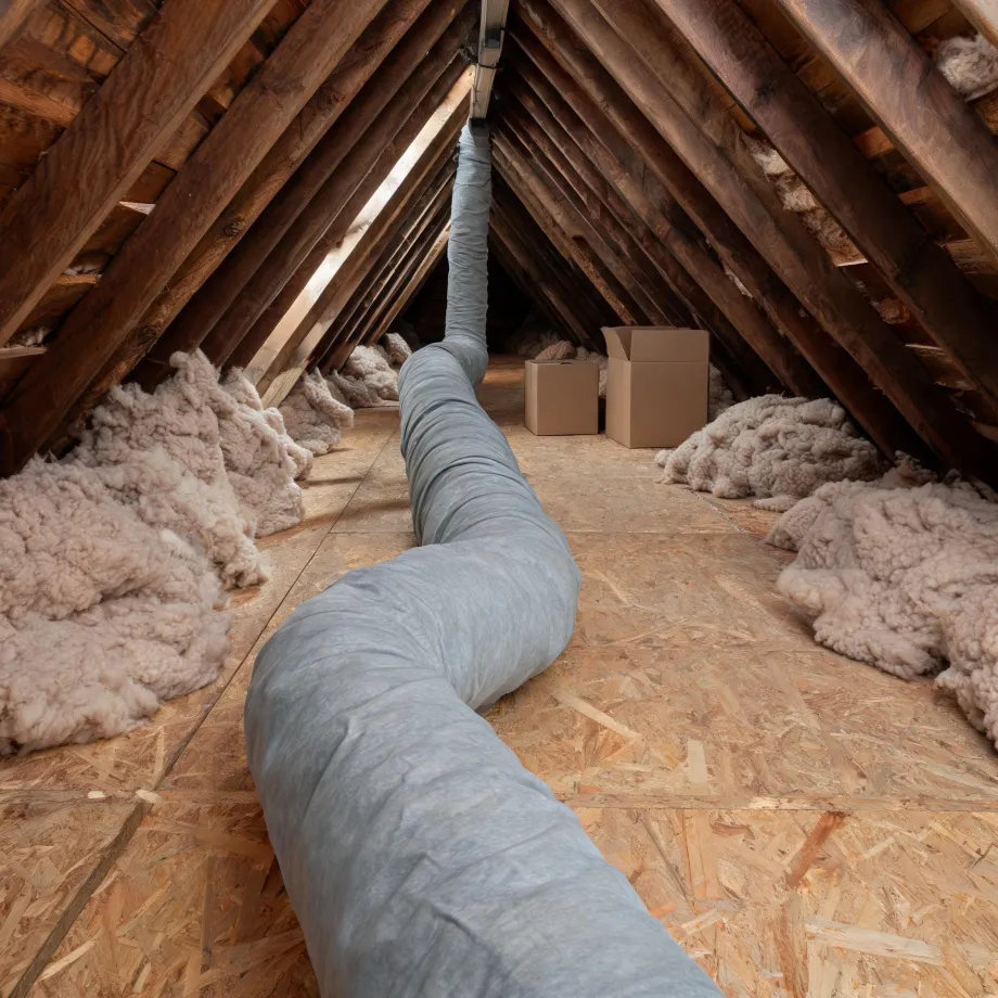 Attic interior with wooden rafters, OSB board flooring, loose fiberglass insulation along the eaves, two cardboard boxes, and a long gray flexible duct running across the floor.